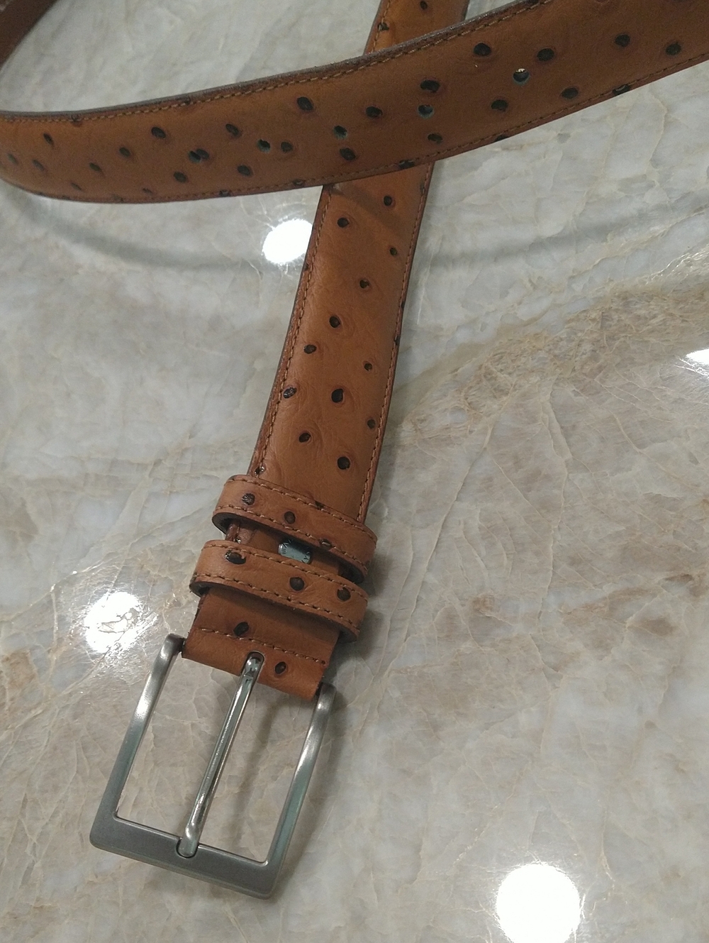 Men's Size 35 Ostrich Tan Italian Leather Belt with Silver Buckle